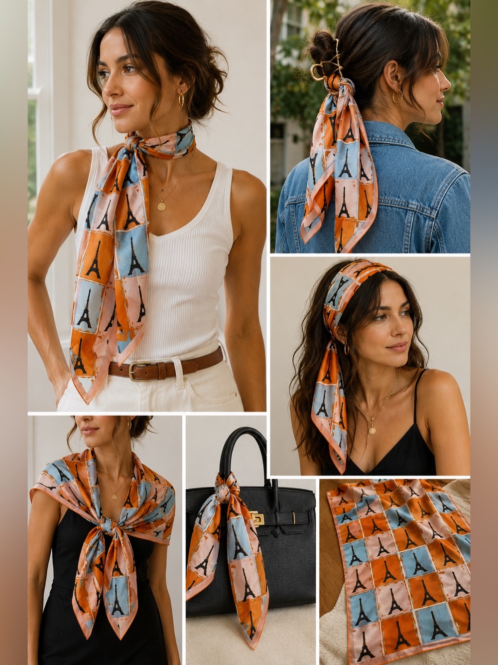Brochier Soieries Paris Eiffel Tower 100% Silk Scarf Made In France Orange Blue